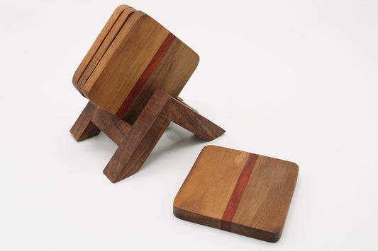 Wooden coasters with stand on white background