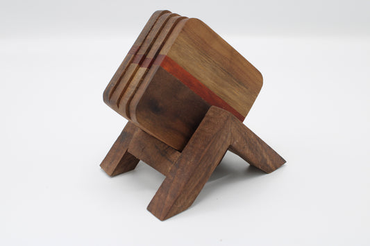 Wooden stool with a red accent on a white background