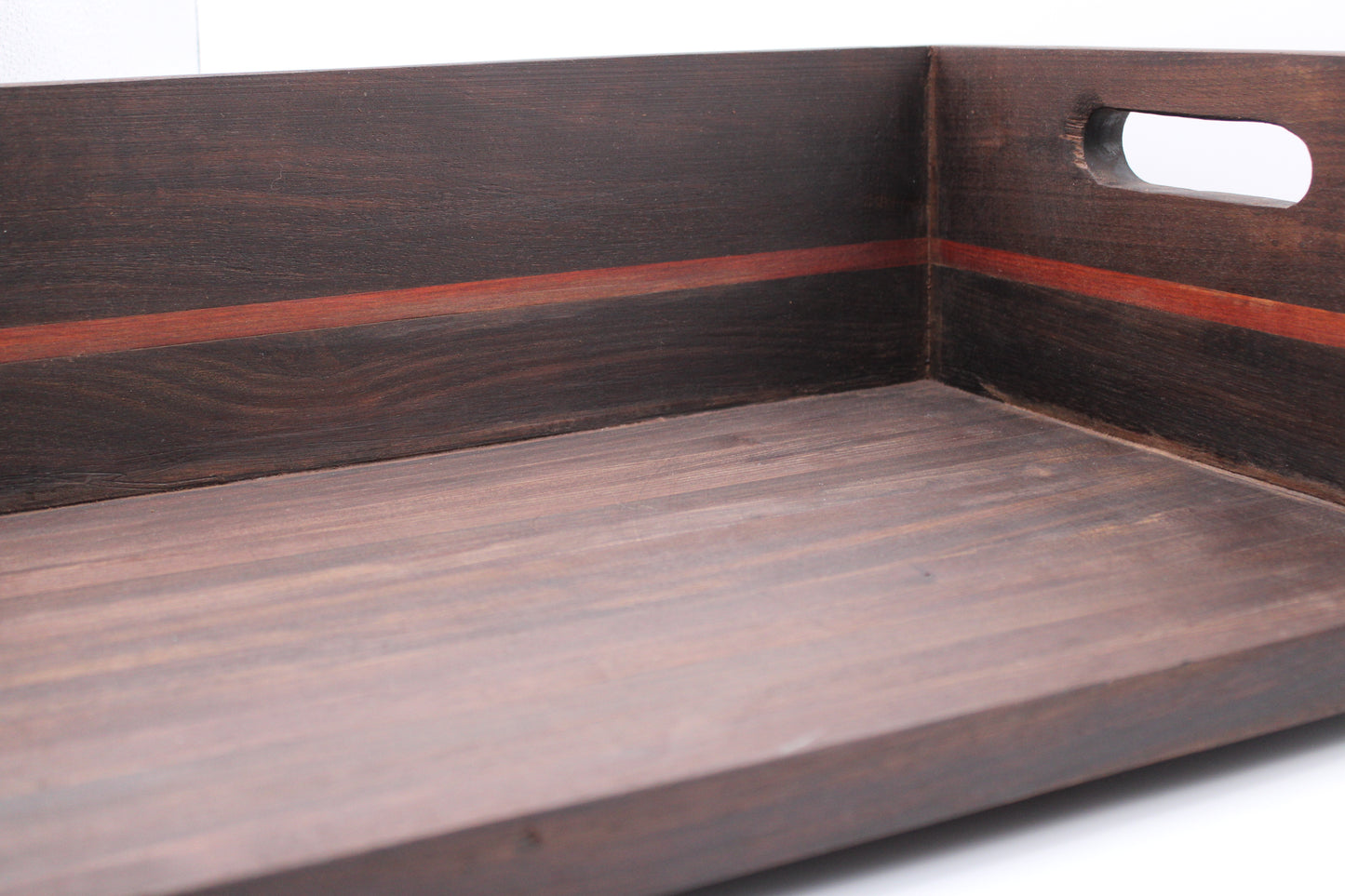 BBQ Chopping Box in dark wood with red stripe and handles on a white background