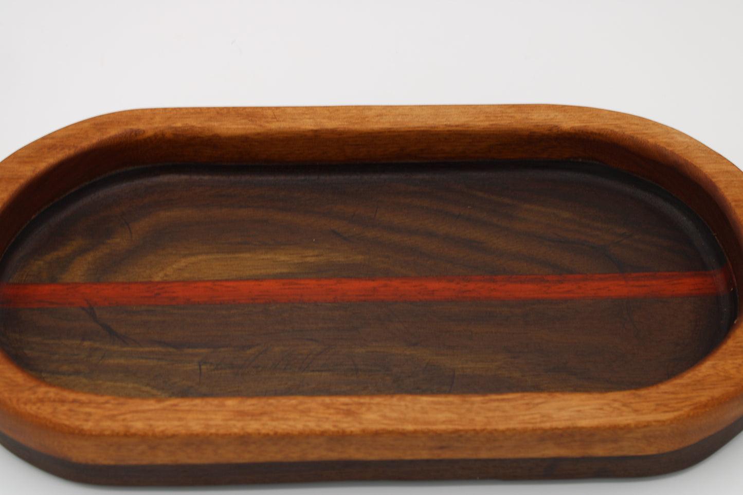 Wood bowl with stripes in brown, tan and red