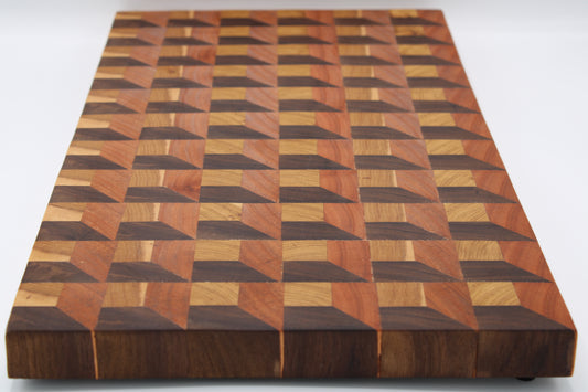 Wooden cutting board with a geometric pattern on a white background
