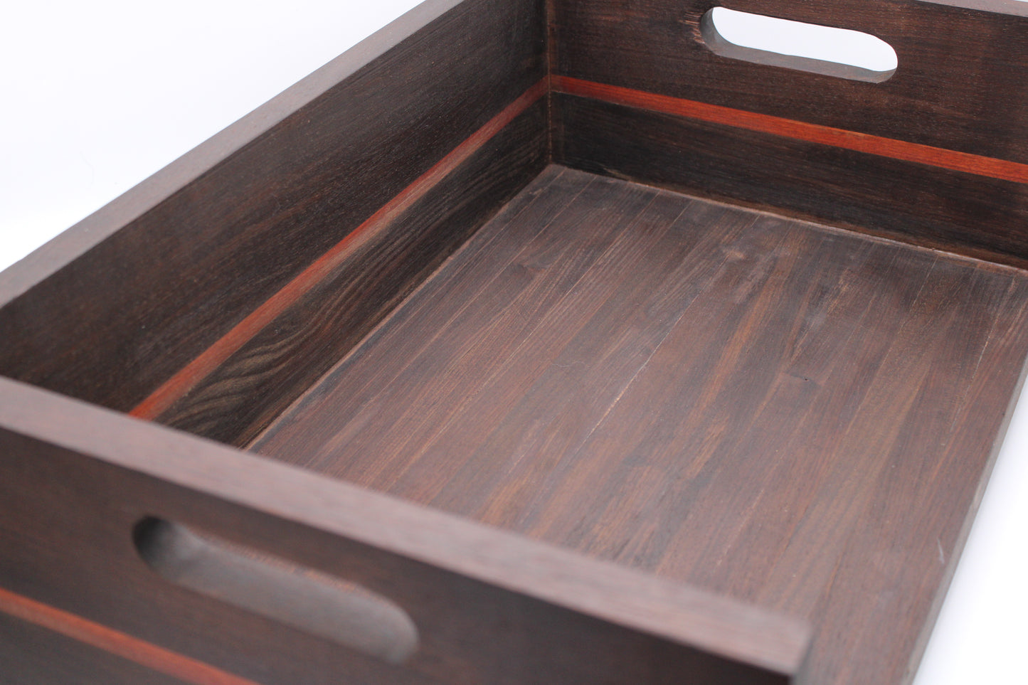 BBQ  Chopping Box in dark wood with red stripe and handles on a white background
