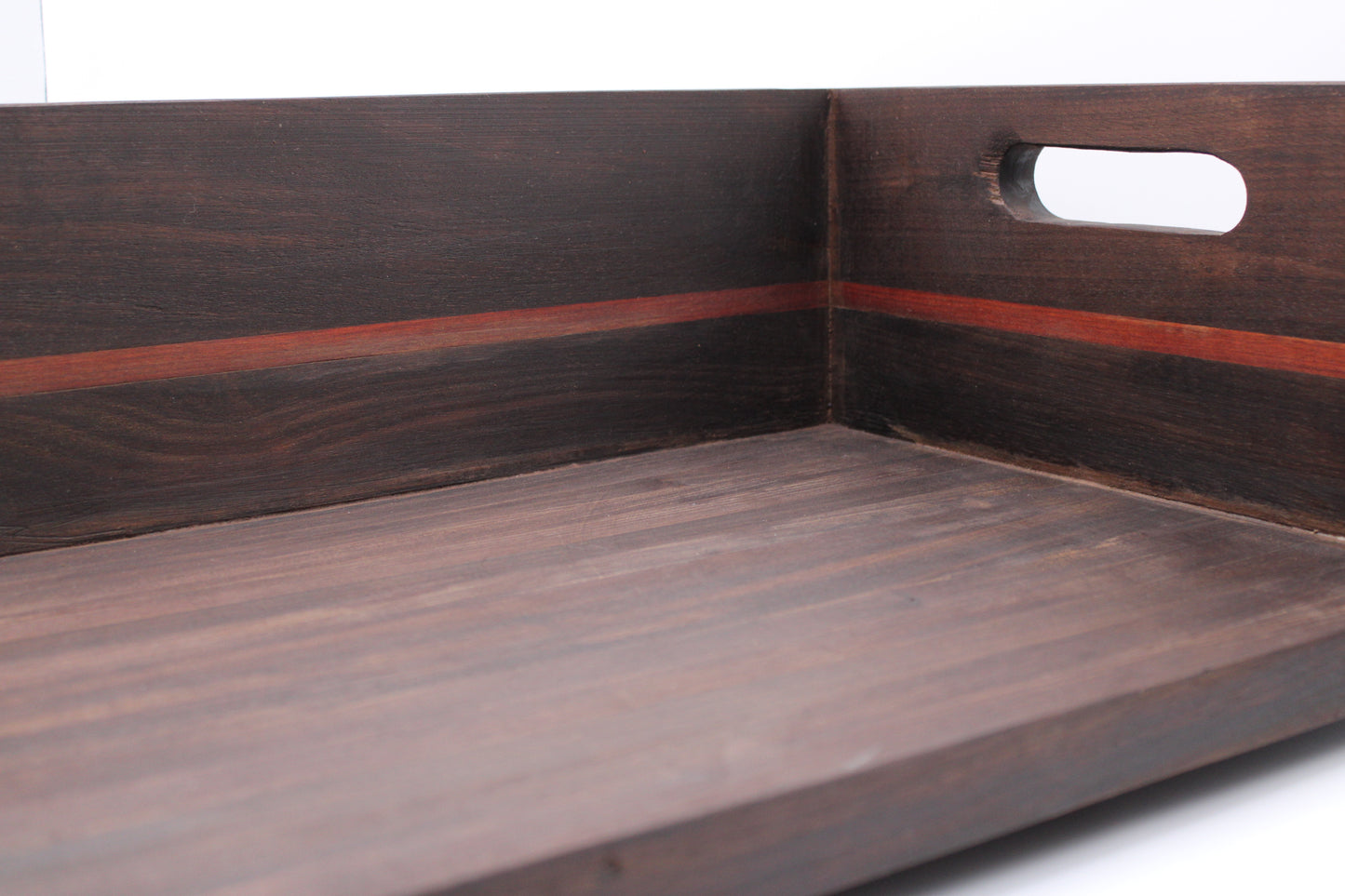 BBQ  Chopping Box in dark wood with red stripe and handles on a white background