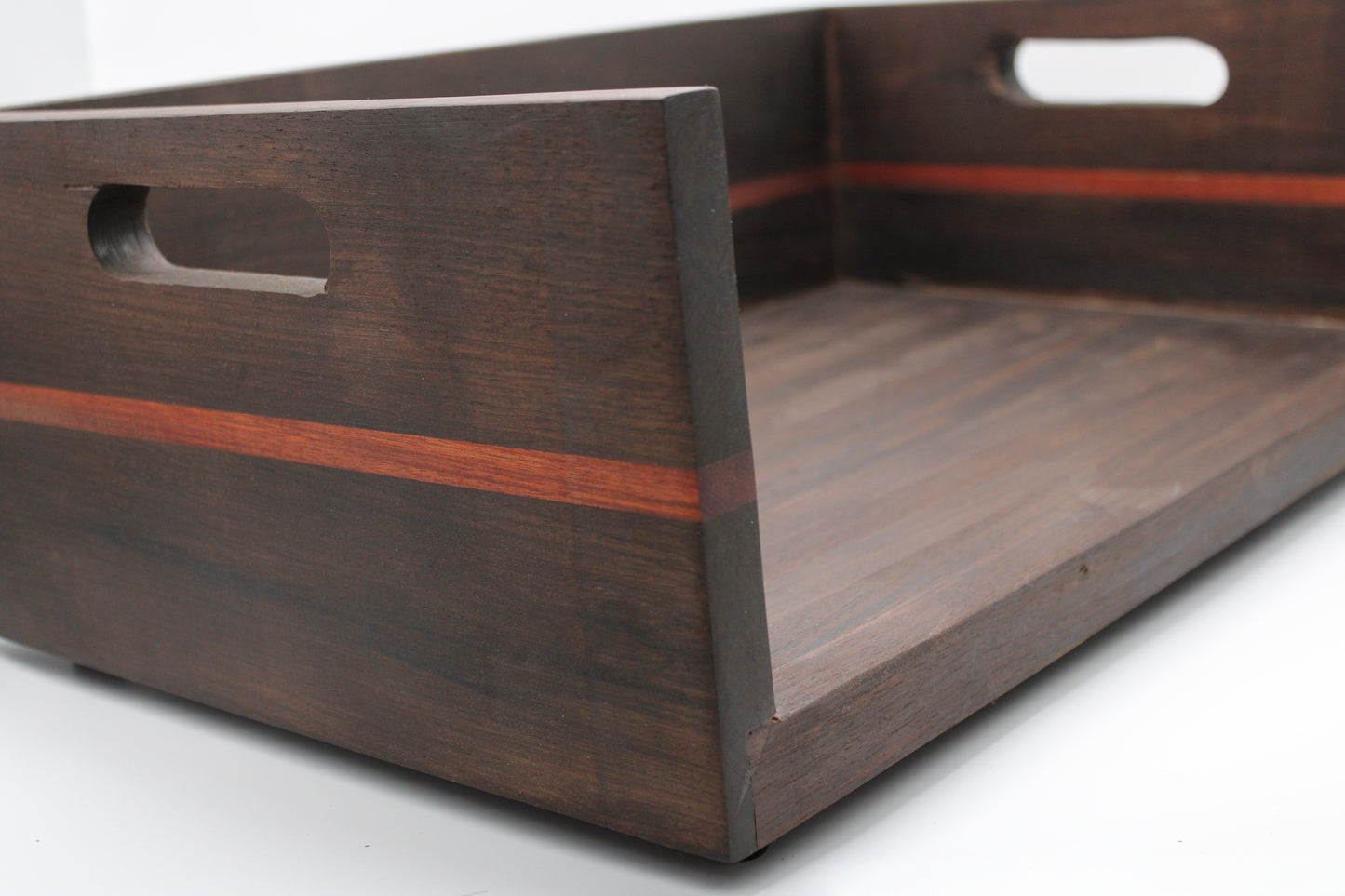 BBQ  Chopping Box in dark wood with red stripe and handles on a white background