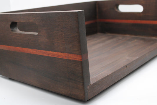 BBQ  Chopping Box in dark wood with red stripe and handles on a white background