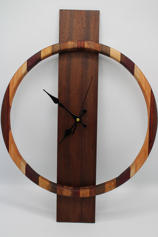 Wood clock with striped ring and solid board backing