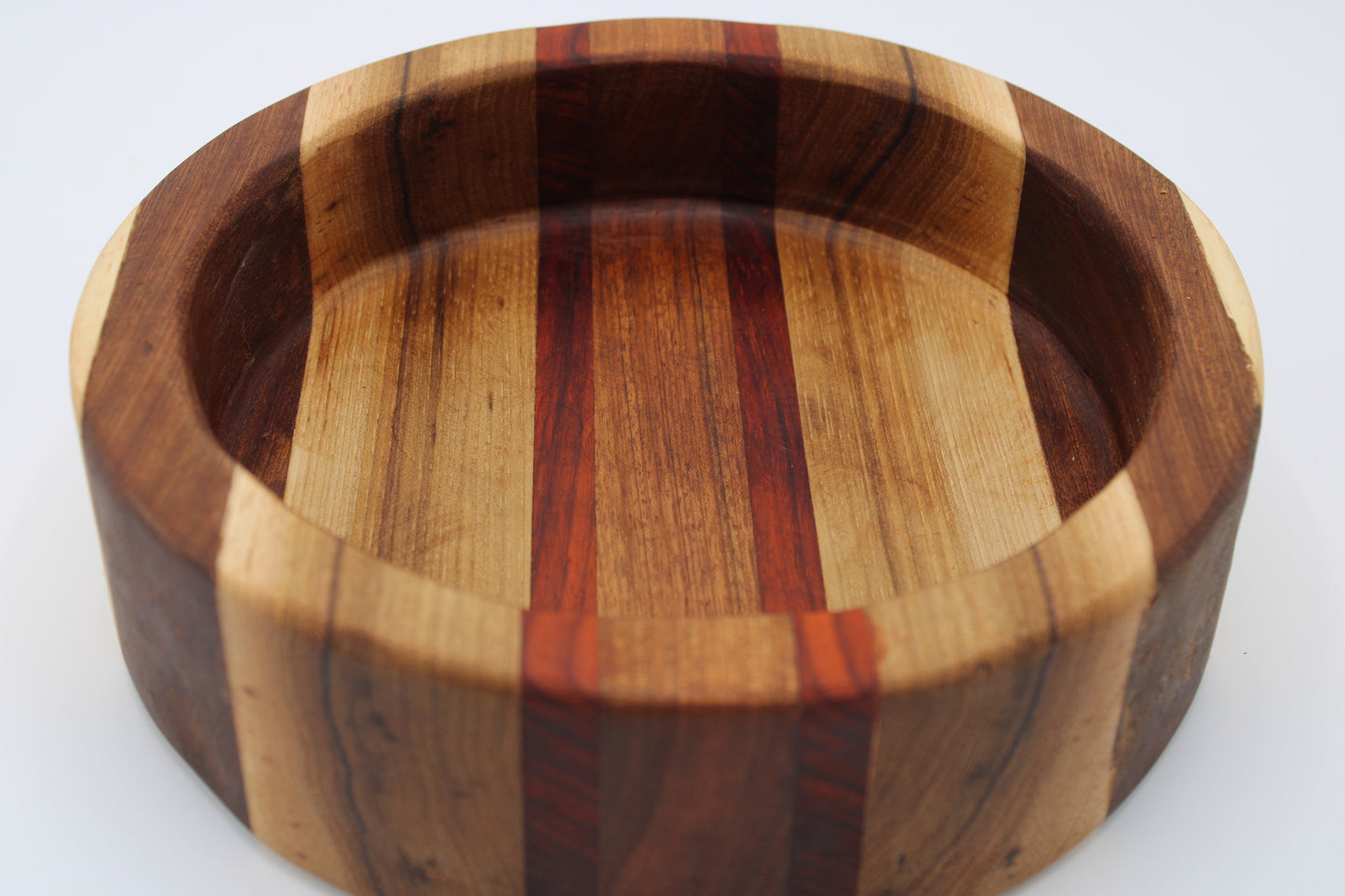 Wood bowl with stripes in brown, tan and red