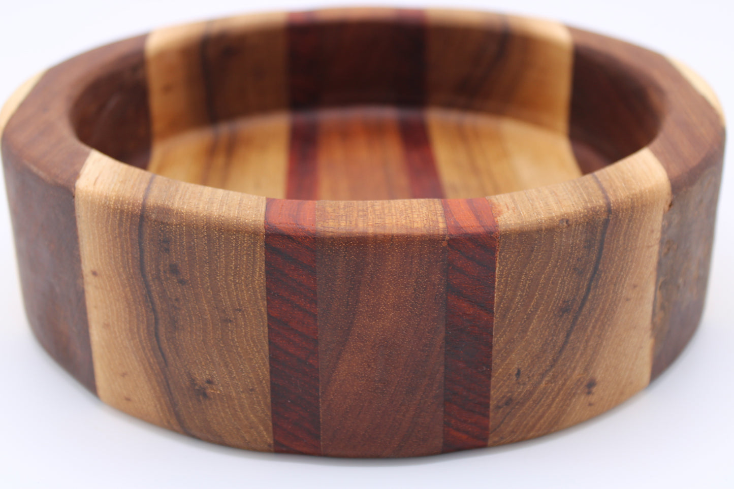 Wood bowl with stripes in brown, tan and red