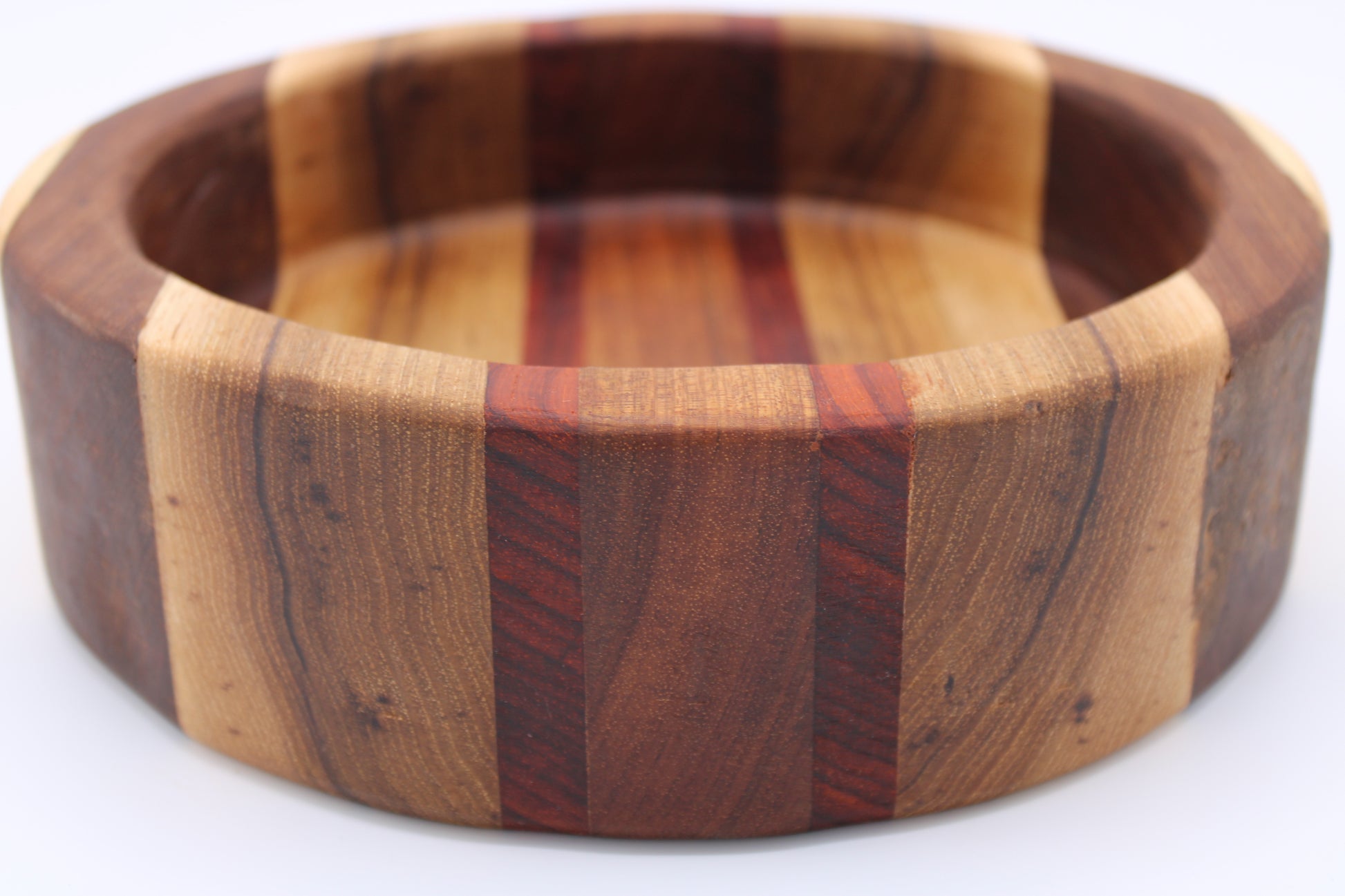 Wood bowl with stripes in brown, tan and red
