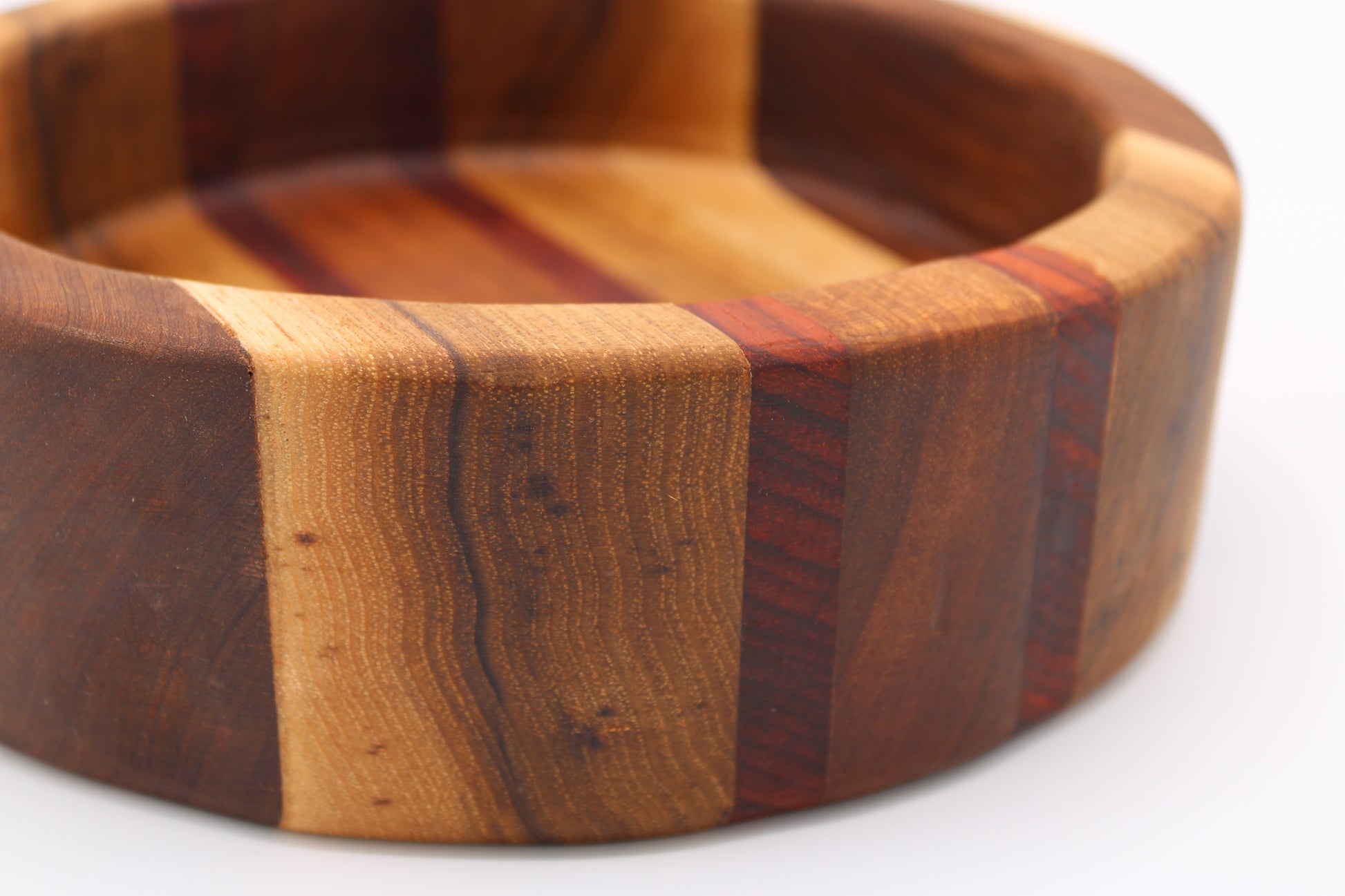 Wood bowl with stripes in brown, tan and red