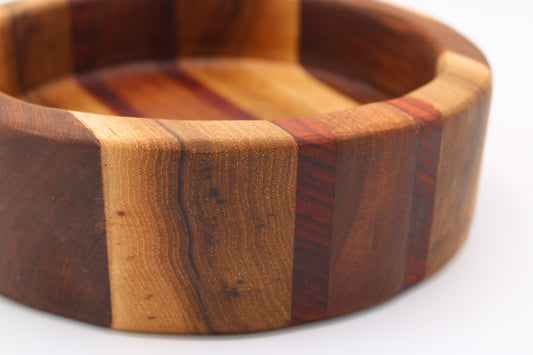 Wood bowl with stripes in brown, tan and red