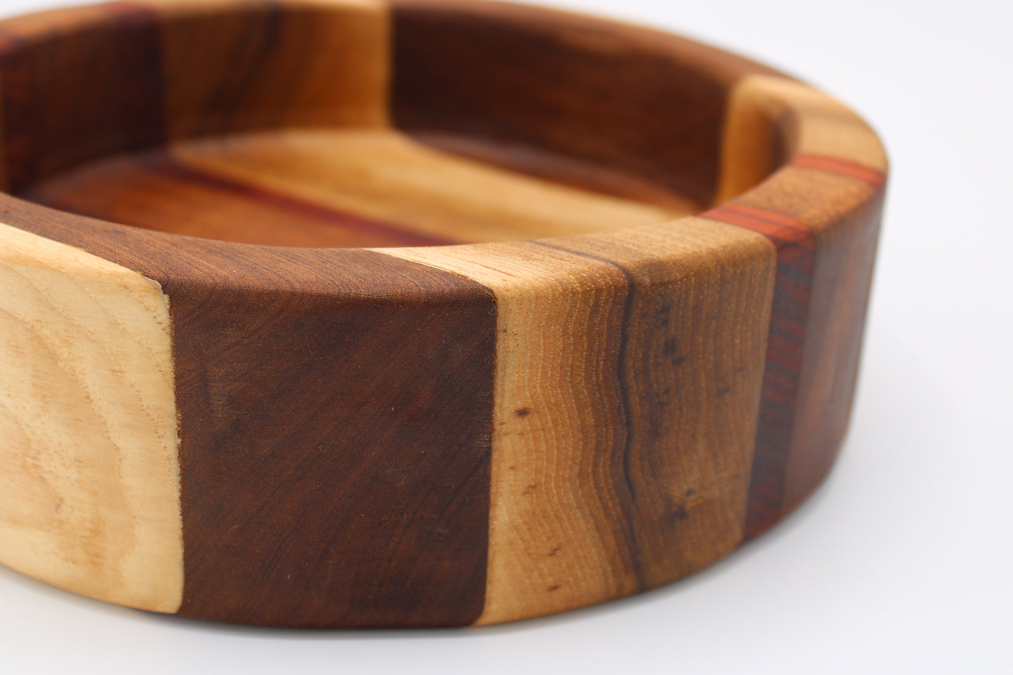 Wood bowl with stripes in brown, tan and red