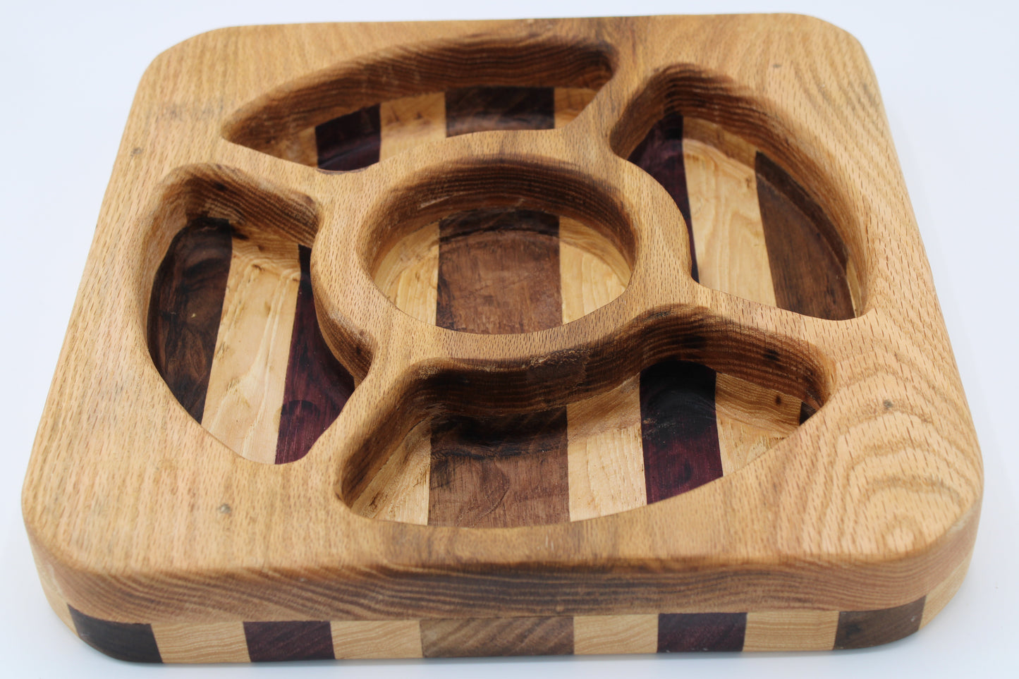 Square tray in wood and stripes with five compartments