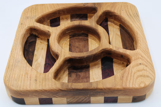 Square tray in wood and stripes with five compartments