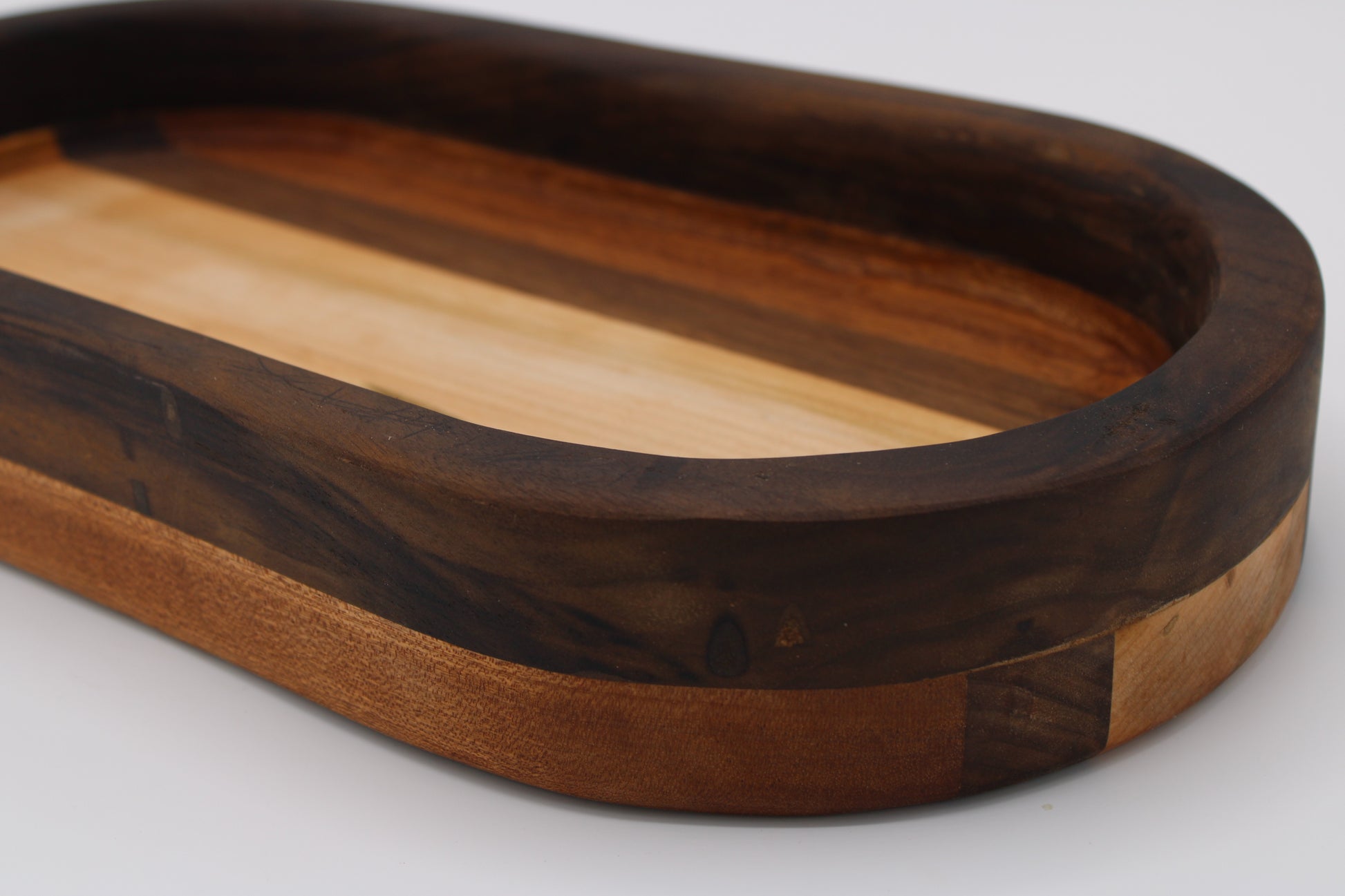 Wood bowl with stripes in brown, tan and cream