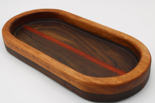 Wood bowl with stripes in brown, tan and  red